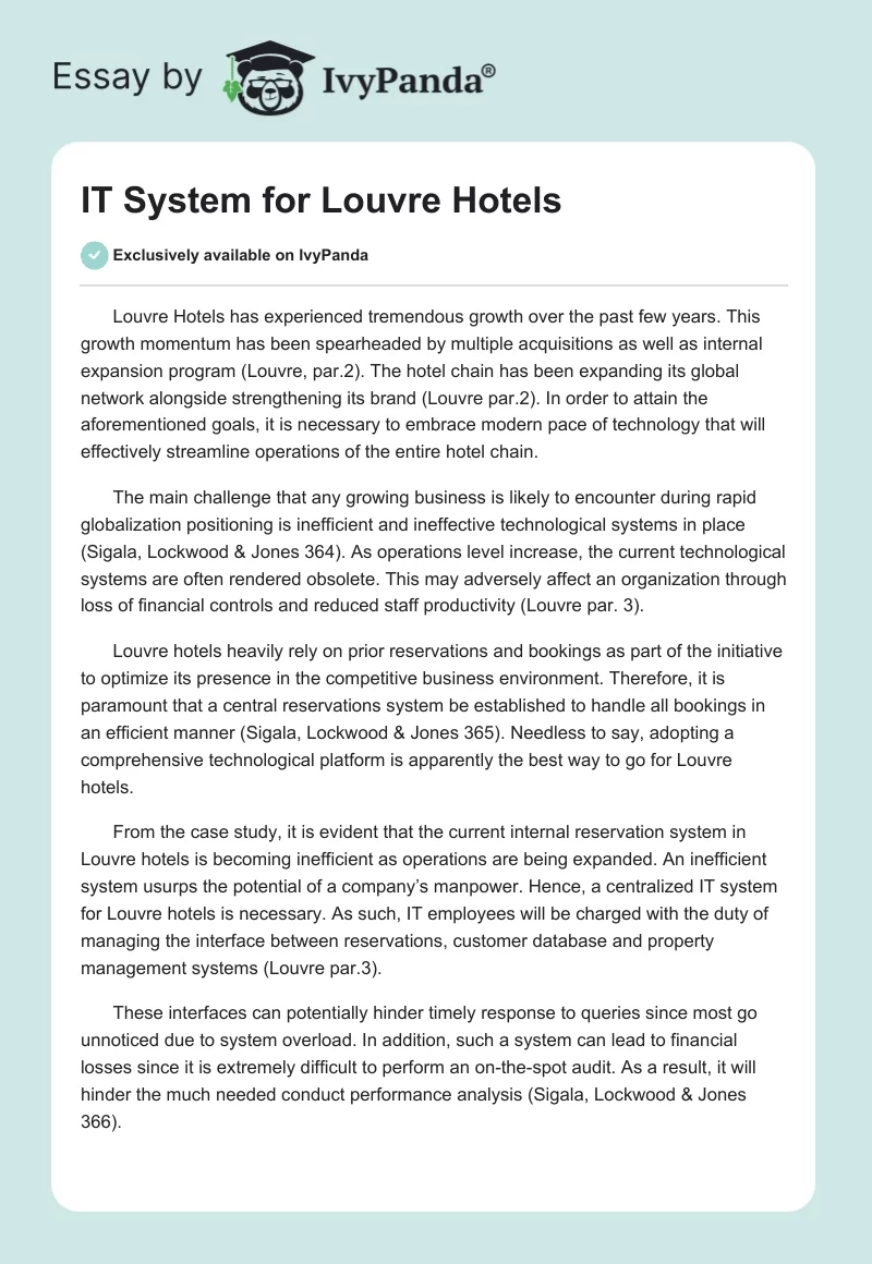 IT System for Louvre Hotels. Page 1
