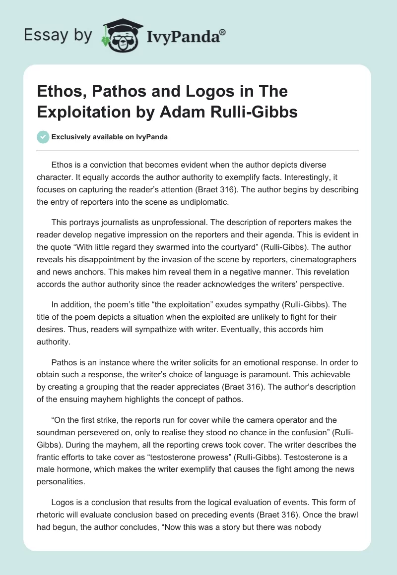 Ethos, Pathos and Logos in "The Exploitation" by Adam Rulli-Gibbs. Page 1