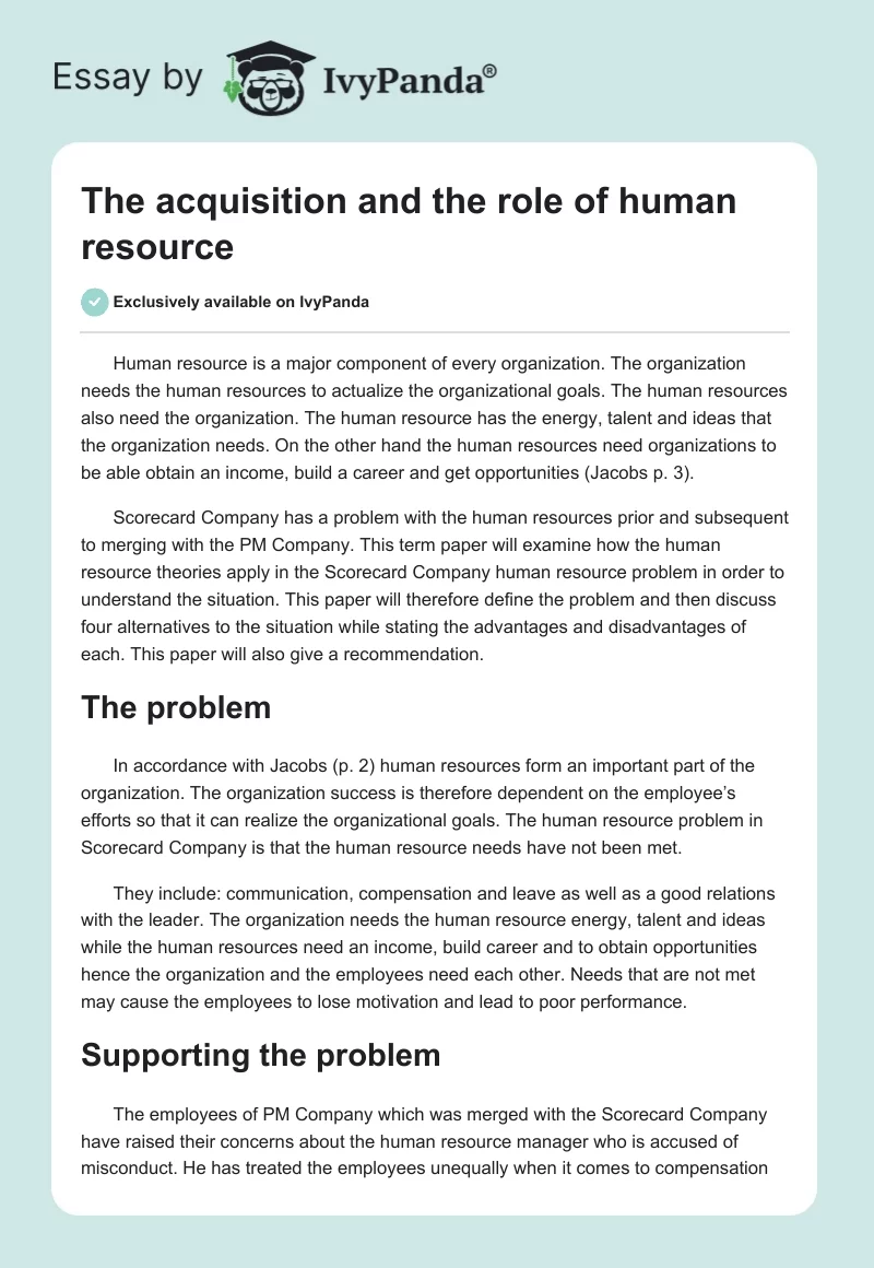 The acquisition and the role of human resource. Page 1