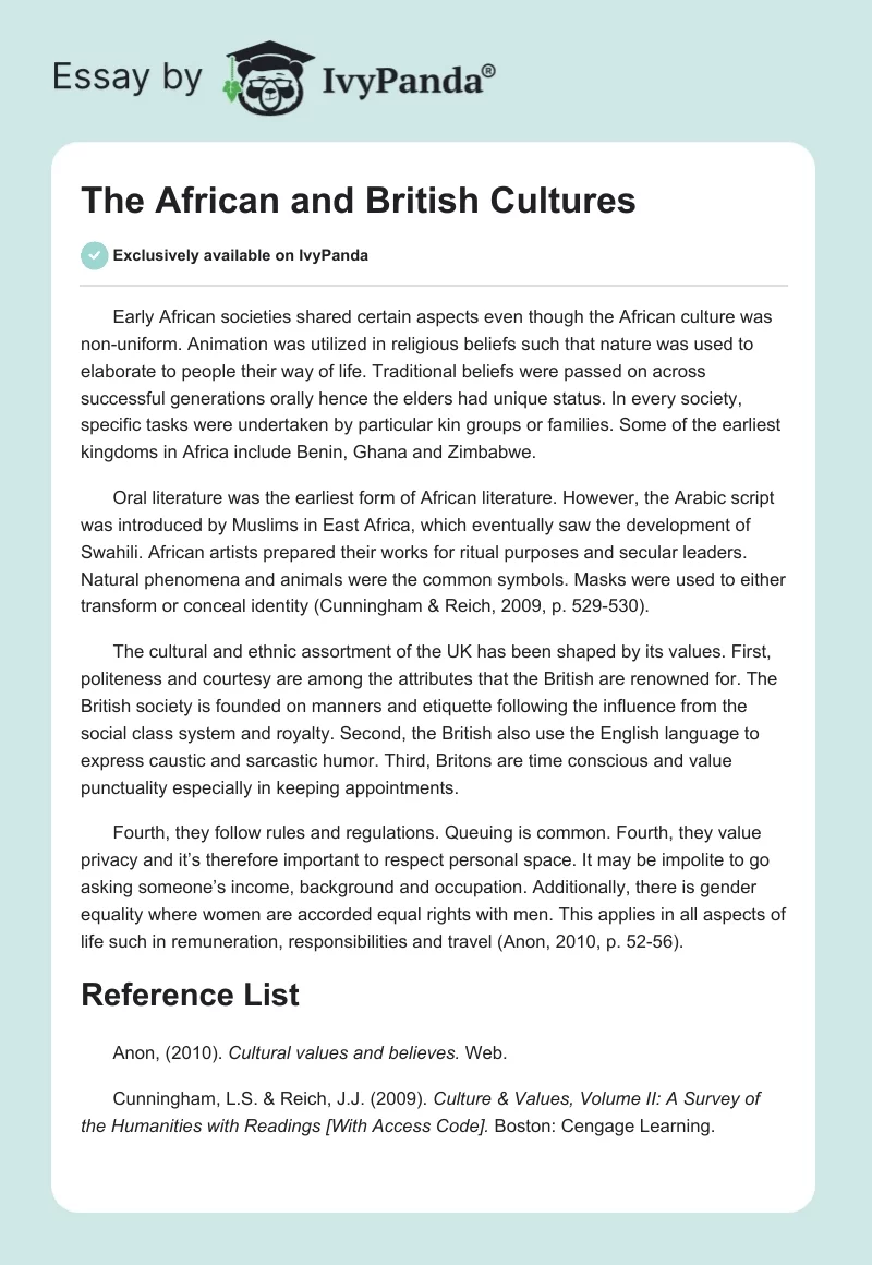 The African and British Cultures. Page 1