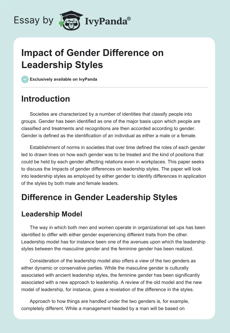 Impact of Gender Difference on Leadership Styles. Page 1