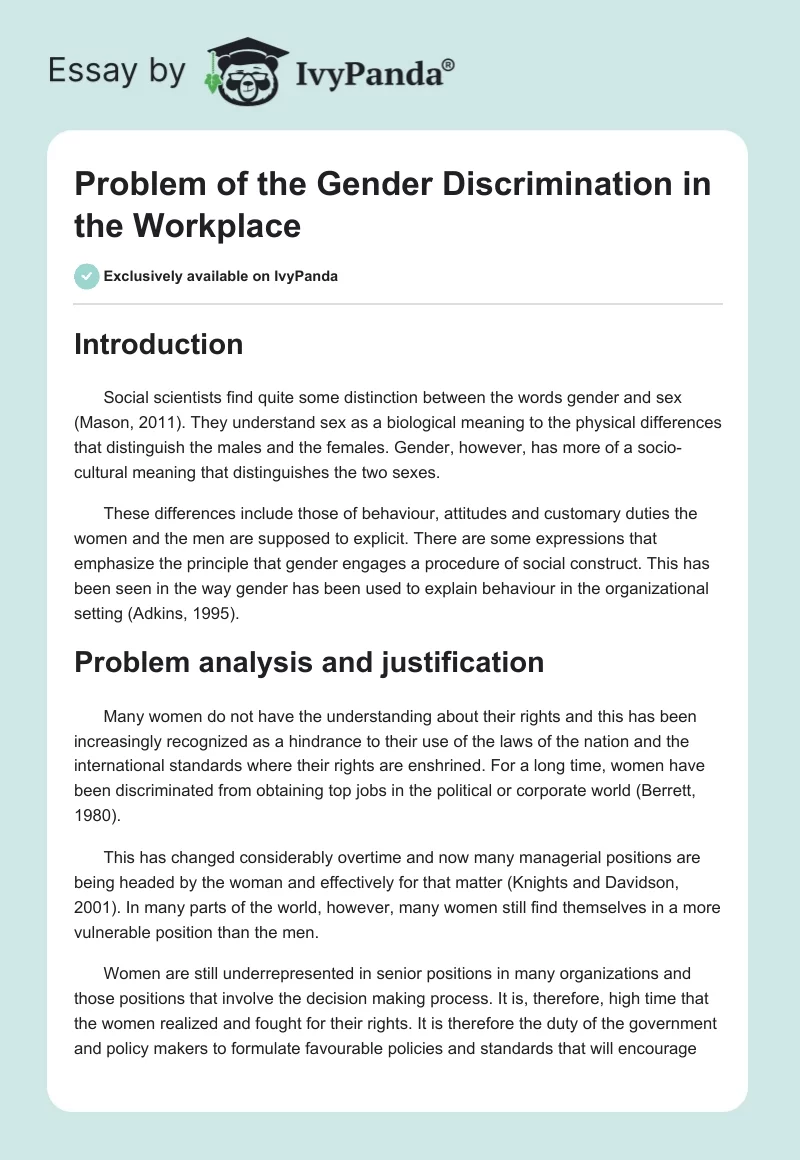 Problem of the Gender Discrimination in the Workplace. Page 1