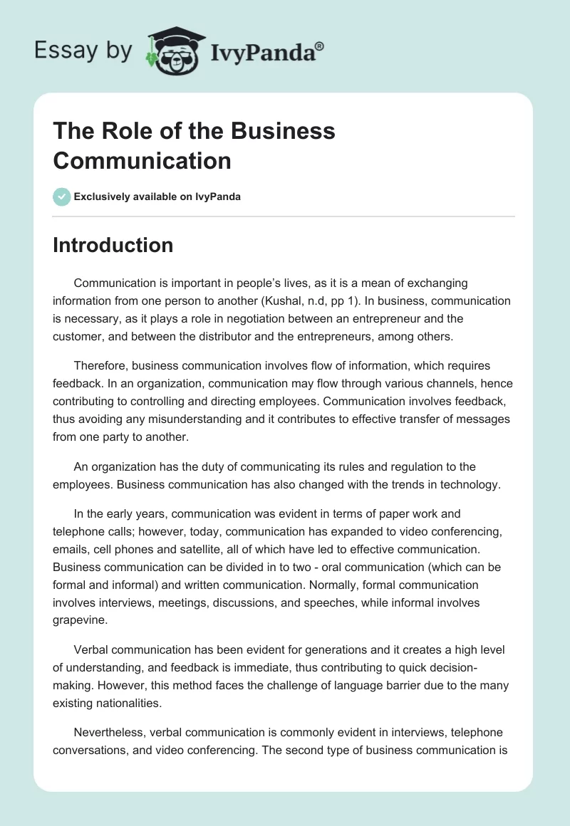 The Role of the Business Communication. Page 1