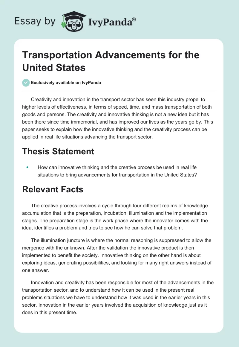 Transportation Advancements for the United States. Page 1