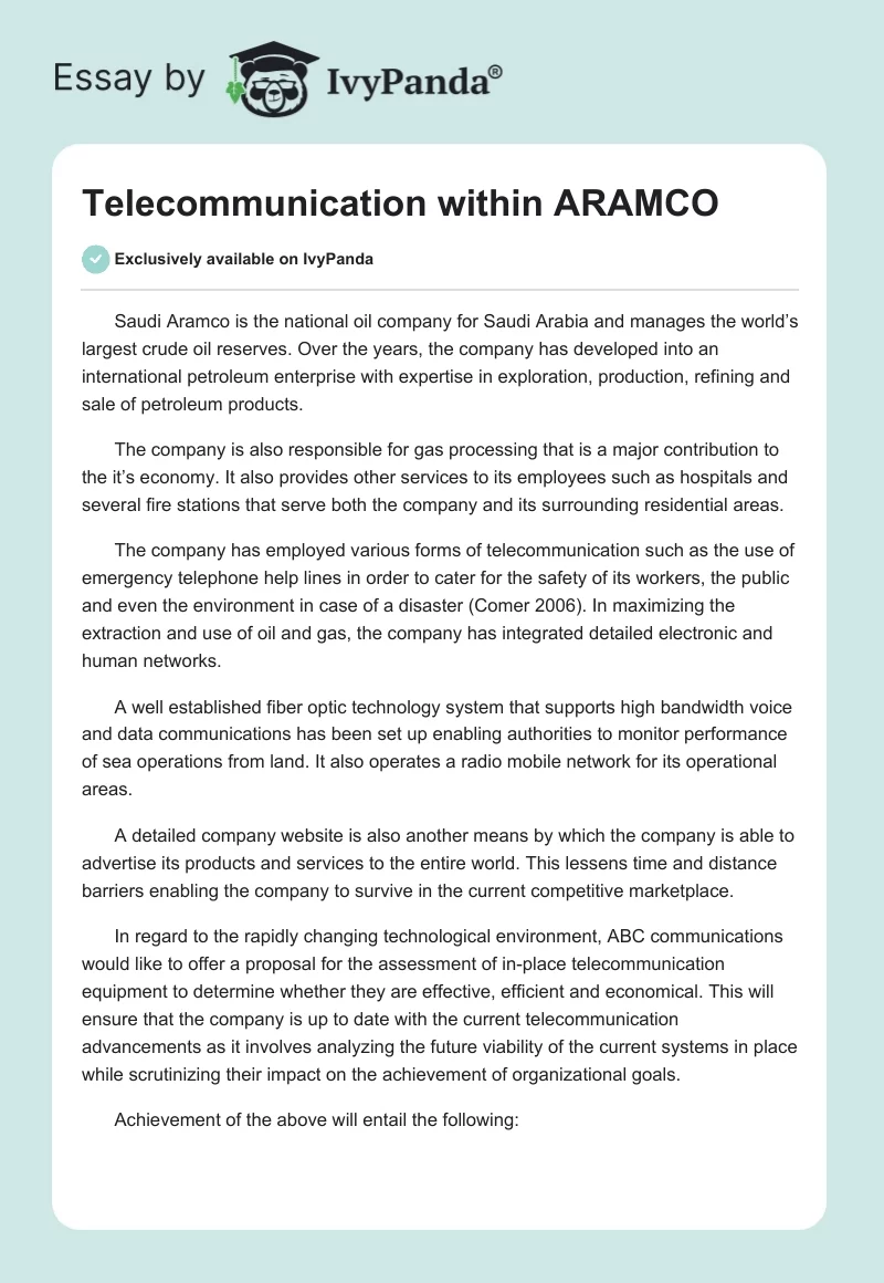 Telecommunication Within ARAMCO. Page 1
