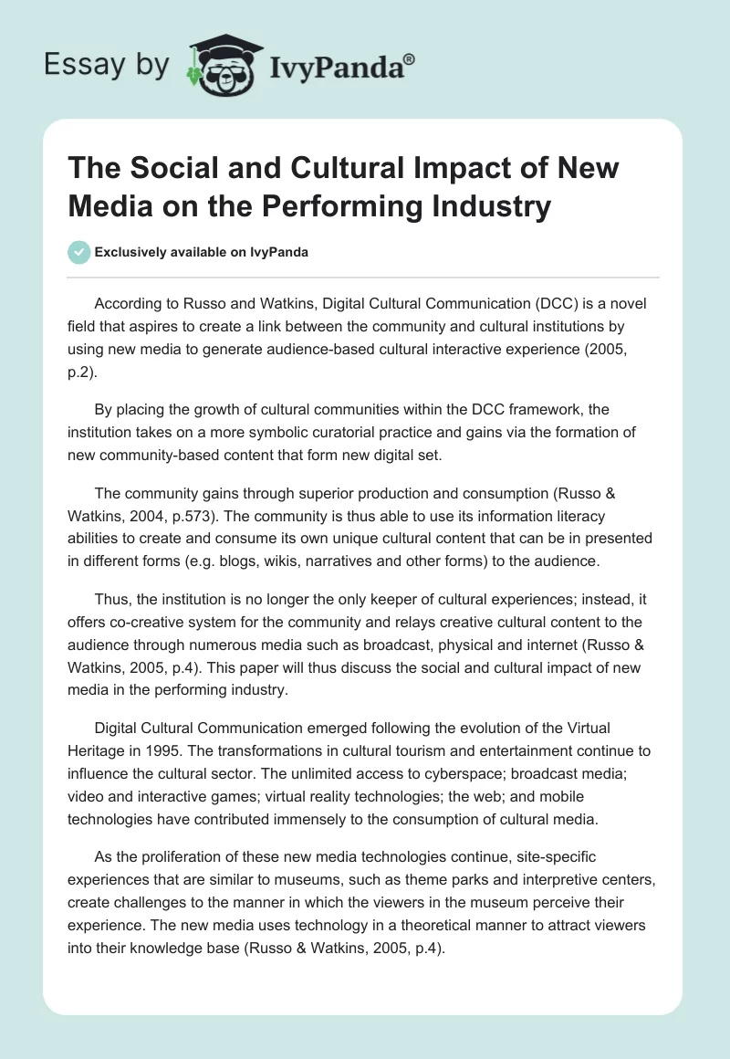 The Social and Cultural Impact of New Media on the Performing Industry. Page 1