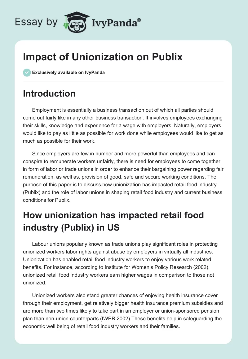 Impact of Unionization on Publix. Page 1