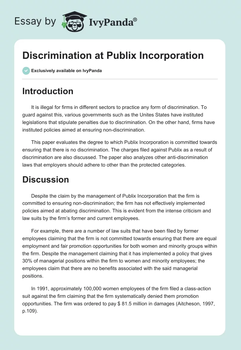 Discrimination at Publix Incorporation. Page 1