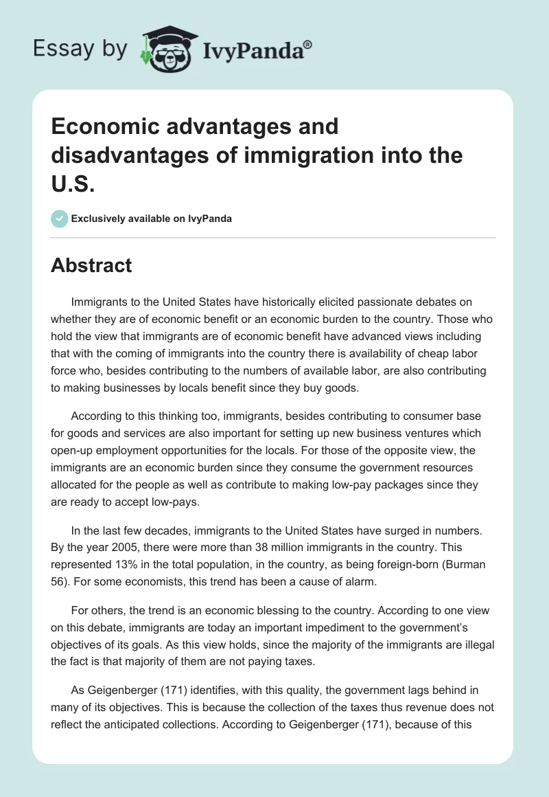 Economic advantages and disadvantages of immigration into the U.S.. Page 1
