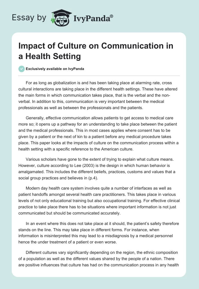 Impact of Culture on Communication in a Health Setting. Page 1