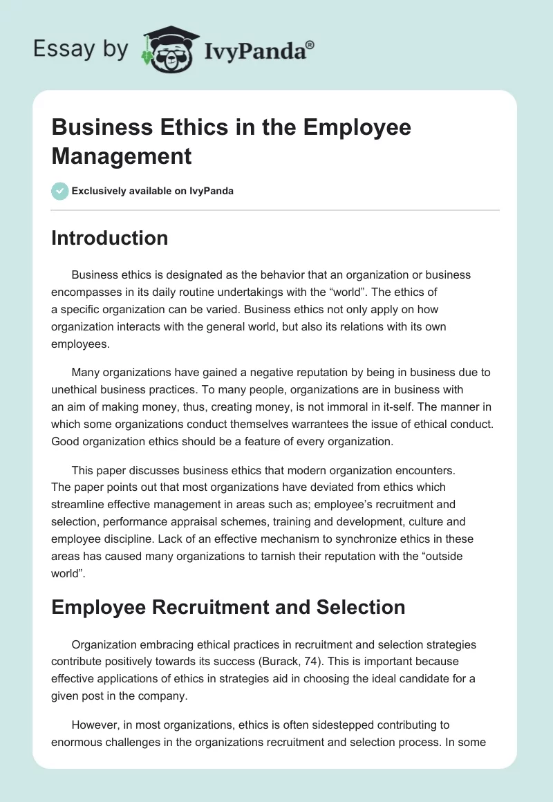 Business Ethics in the Employee Management. Page 1
