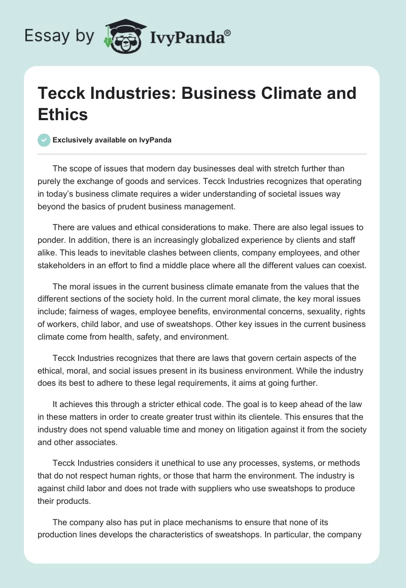 Tecck Industries: Business Climate and Ethics. Page 1