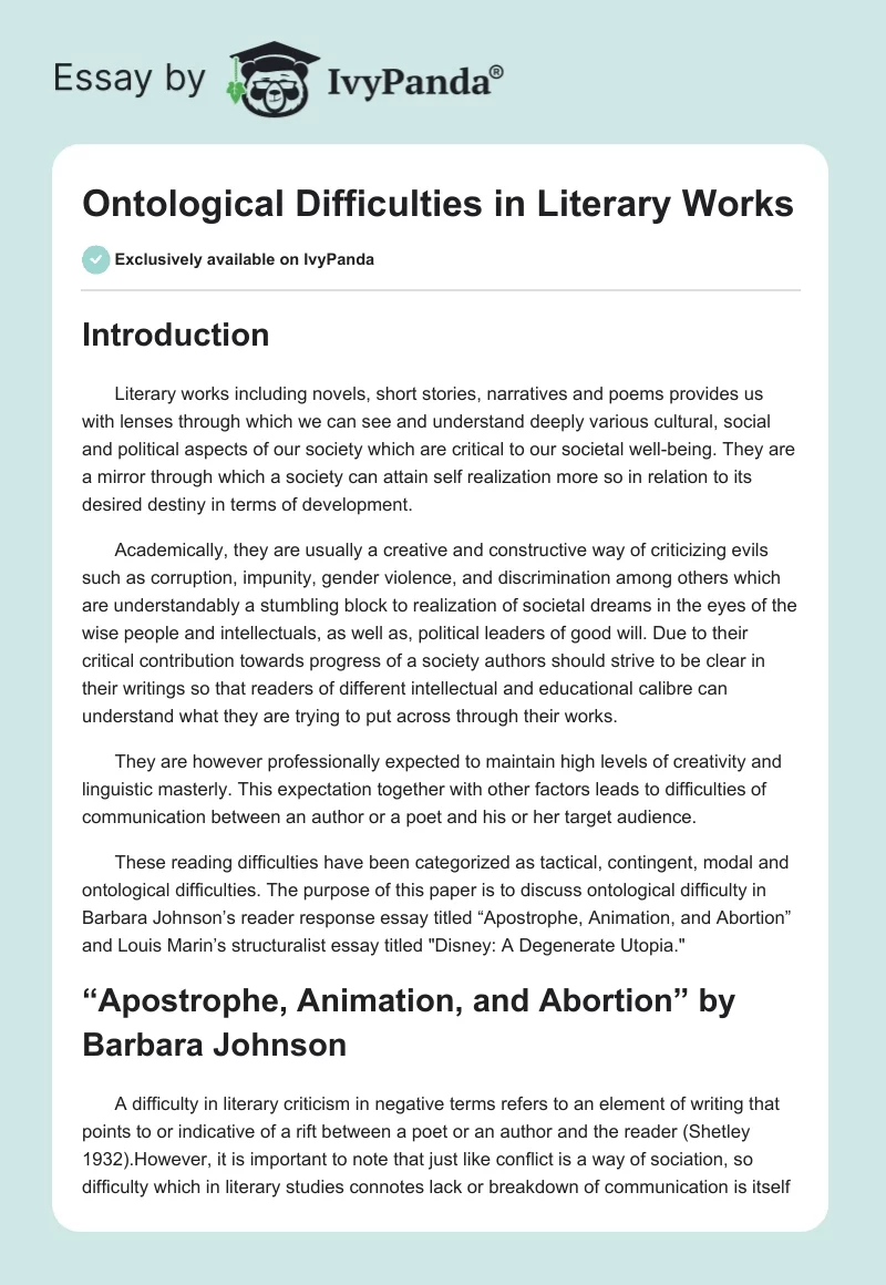 Ontological Difficulties in Literary Works. Page 1