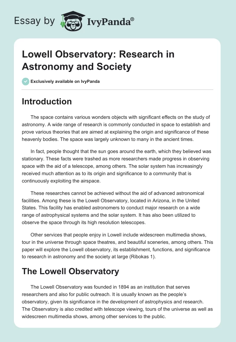 Lowell Observatory: Research in Astronomy and Society. Page 1