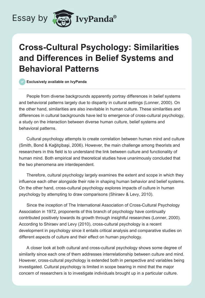 Cross-Cultural Psychology: Similarities and Differences in Belief Systems and Behavioral Patterns. Page 1