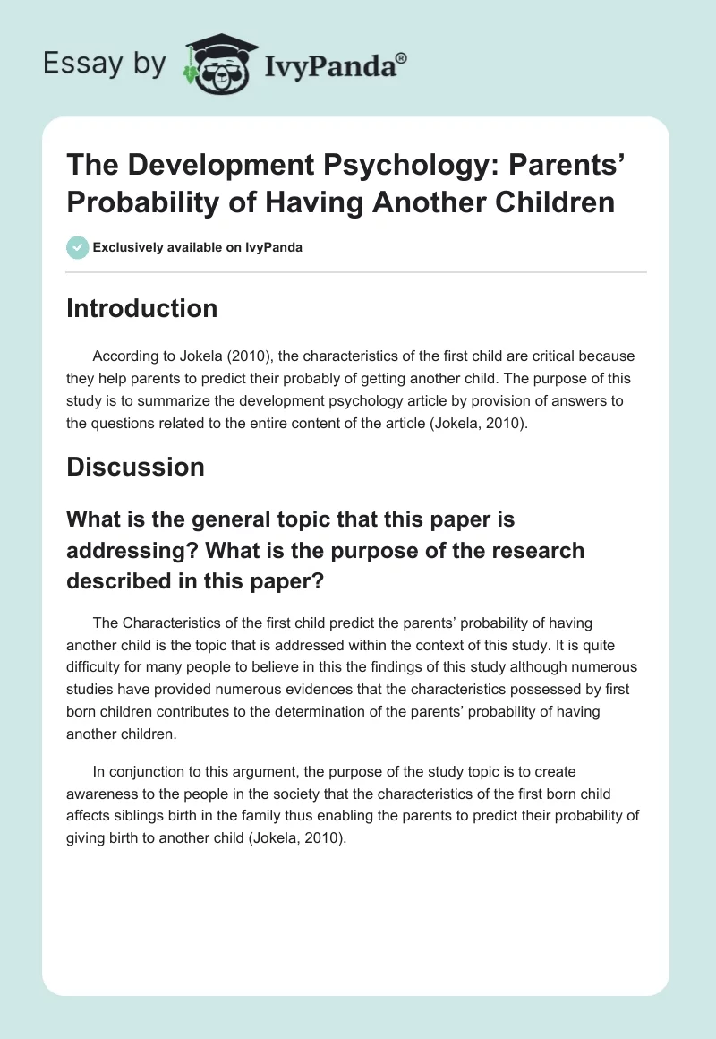 The Development Psychology: Parents’ Probability of Having Another Children. Page 1