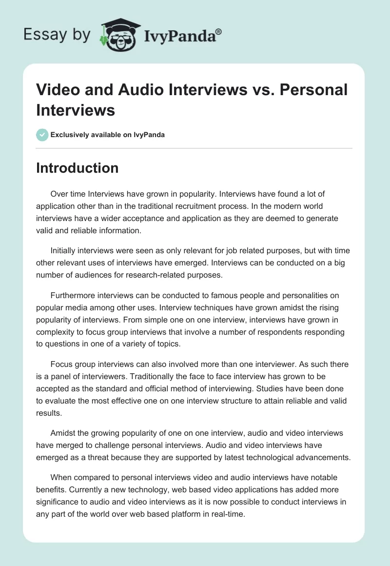 Video and Audio Interviews vs. Personal Interviews. Page 1