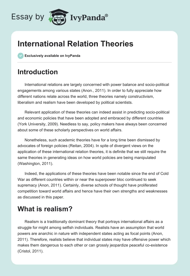 International Relation Theories. Page 1