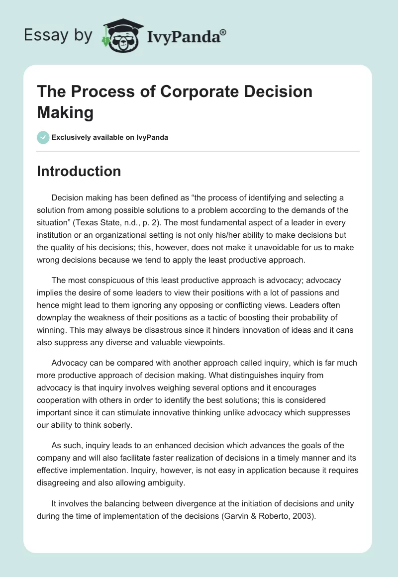 The Process of Corporate Decision Making. Page 1