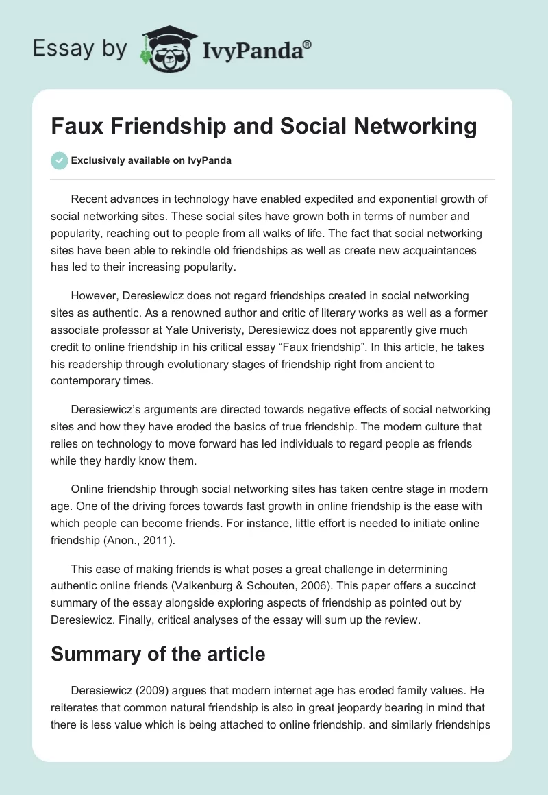 Faux Friendship and Social Networking. Page 1