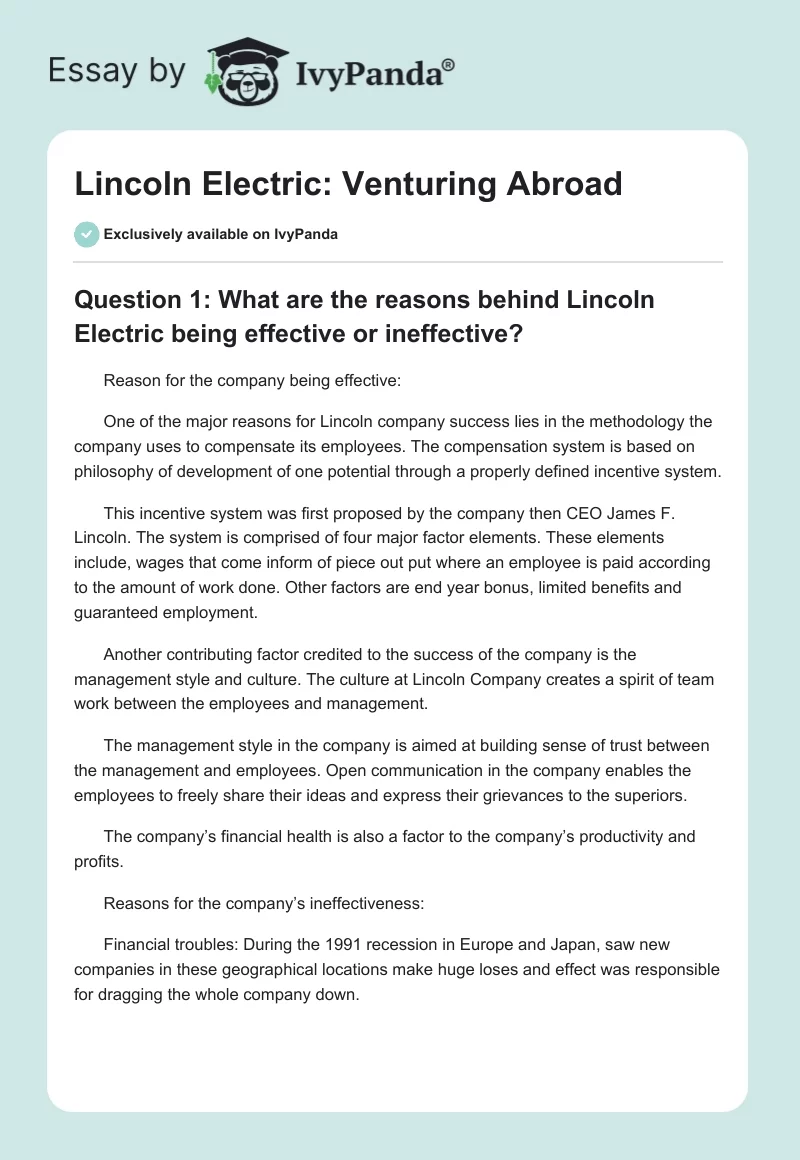 Lincoln Electric: Venturing Abroad. Page 1