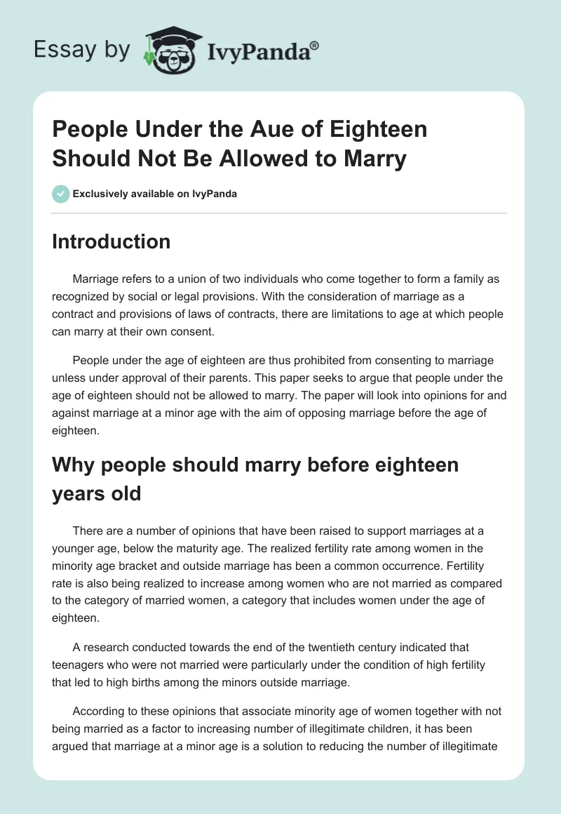 People Under the Aue of Eighteen Should Not Be Allowed to Marry. Page 1