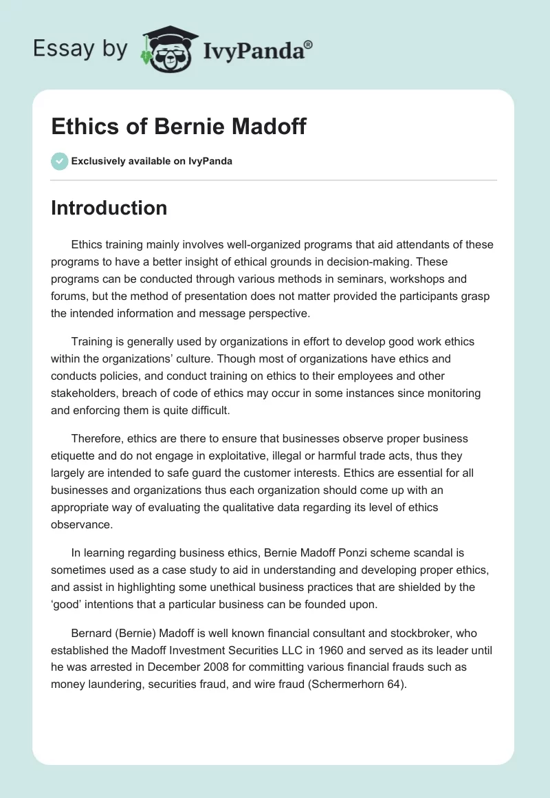 Ethics of Bernie Madoff. Page 1