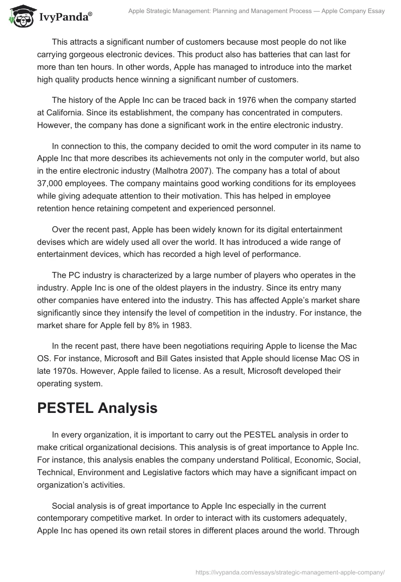 Apple Strategic Management: Planning and Management Process — Apple Company Essay. Page 3