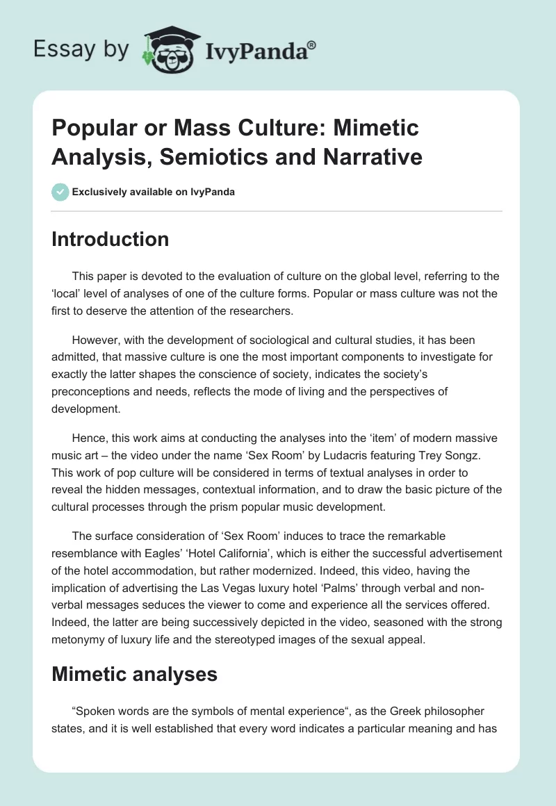 Popular or Mass Culture: Mimetic Analysis, Semiotics and Narrative. Page 1
