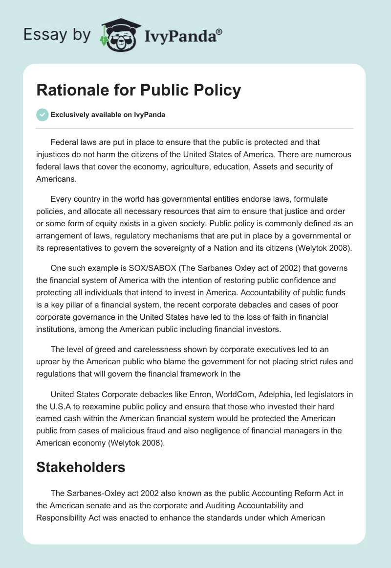 Rationale for Public Policy. Page 1