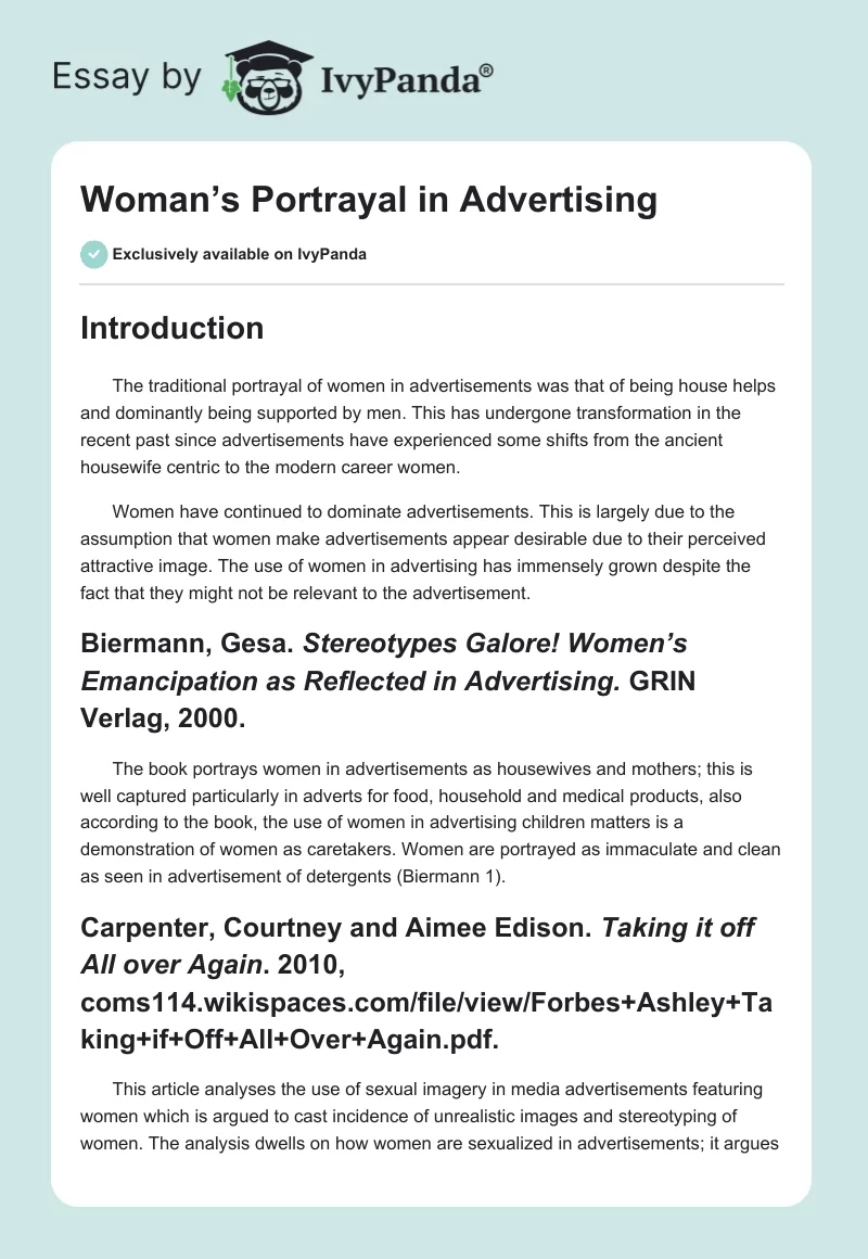 Woman’s Portrayal in Advertising. Page 1