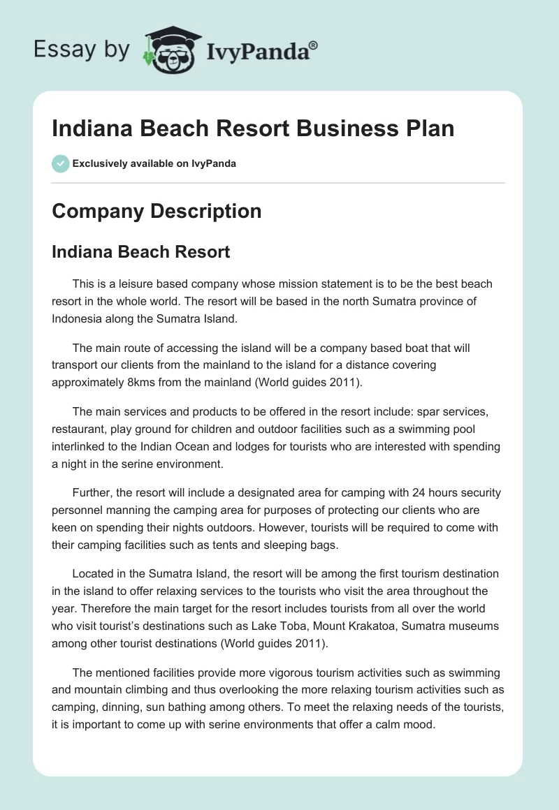 Indiana Beach Resort Business Plan. Page 1