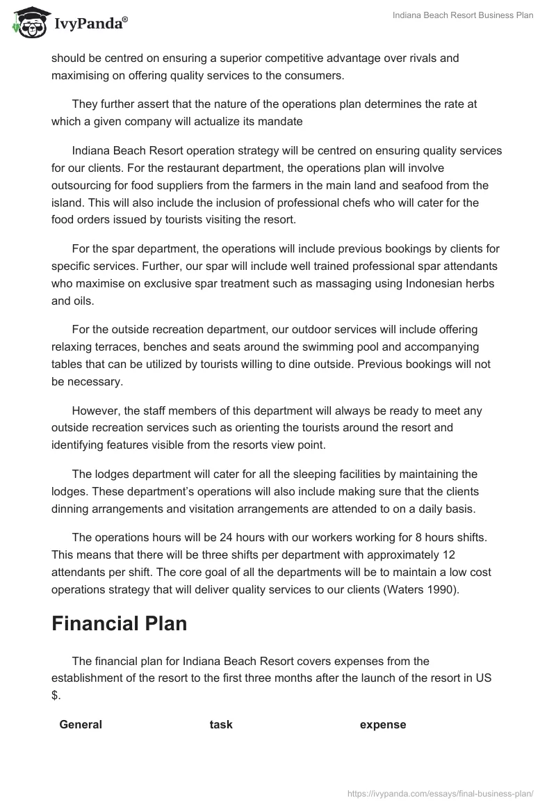 Indiana Beach Resort Business Plan. Page 4
