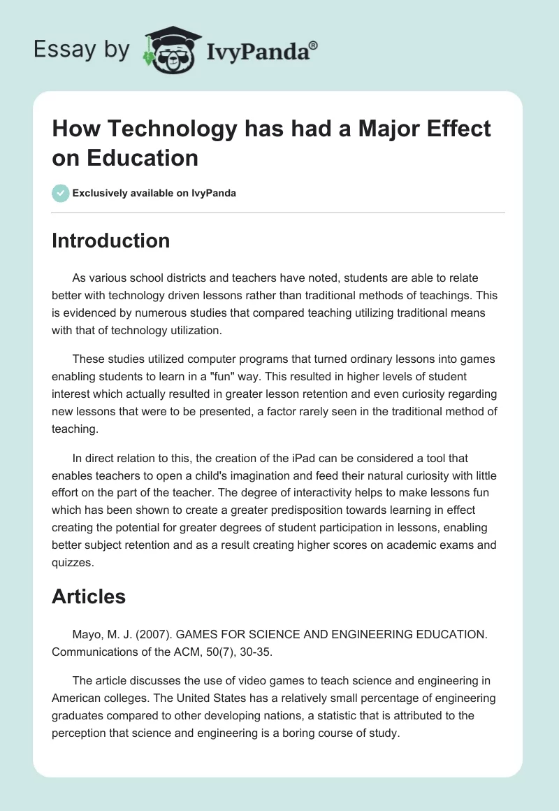 How Technology has had a Major Effect on Education. Page 1