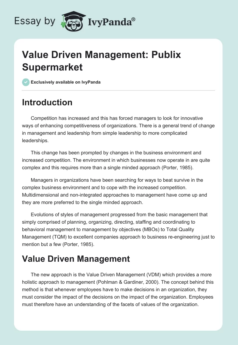 Value Driven Management: Publix Supermarket. Page 1