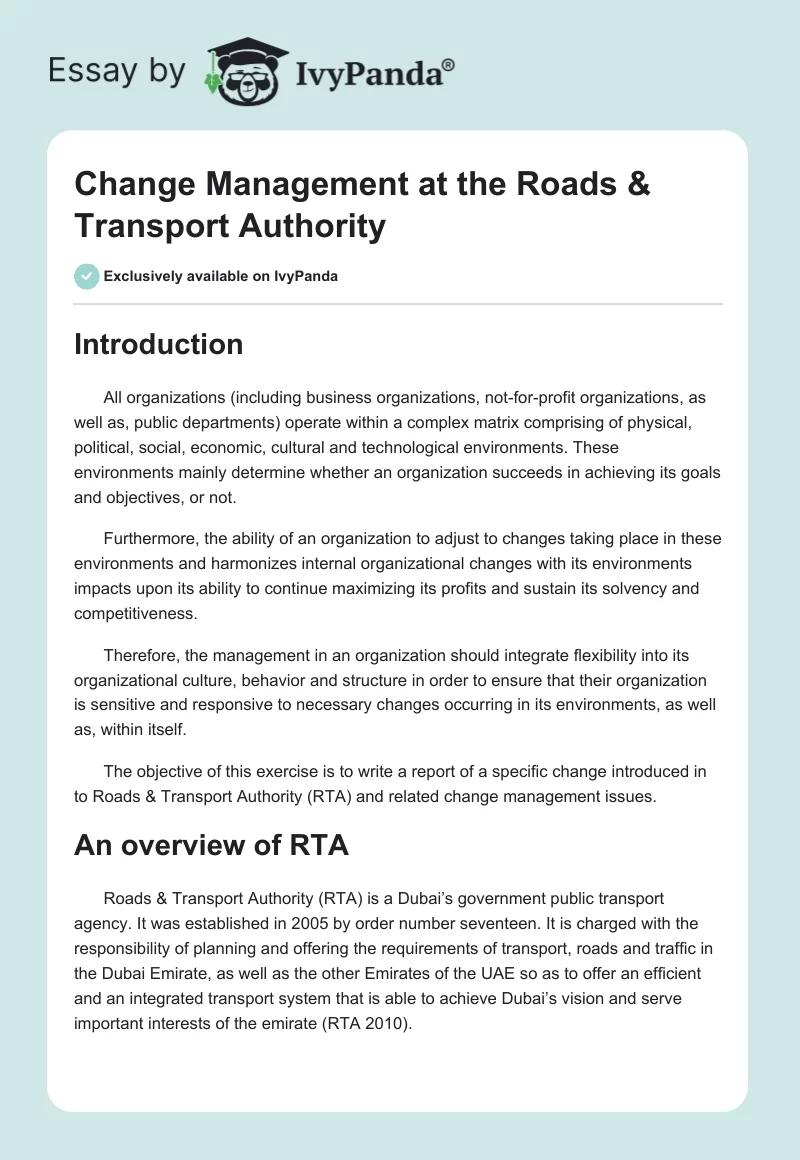Change Management at the Roads & Transport Authority. Page 1