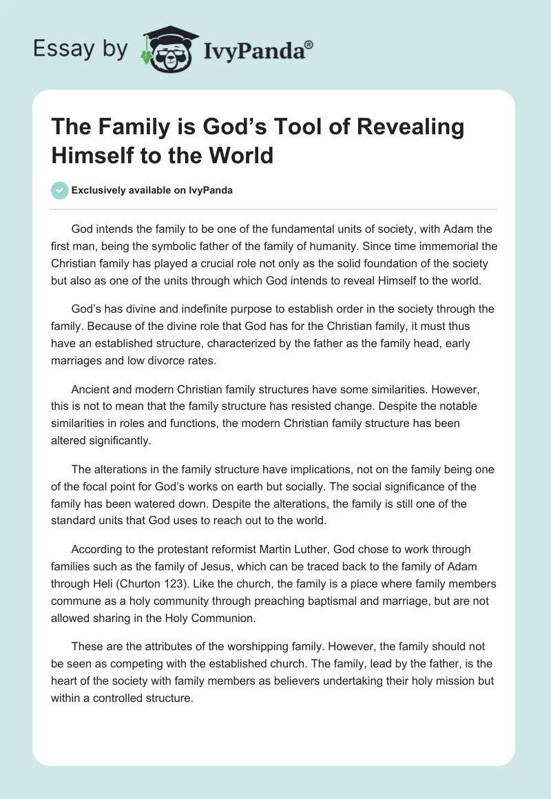 The Family is God’s Tool of Revealing Himself to the World. Page 1