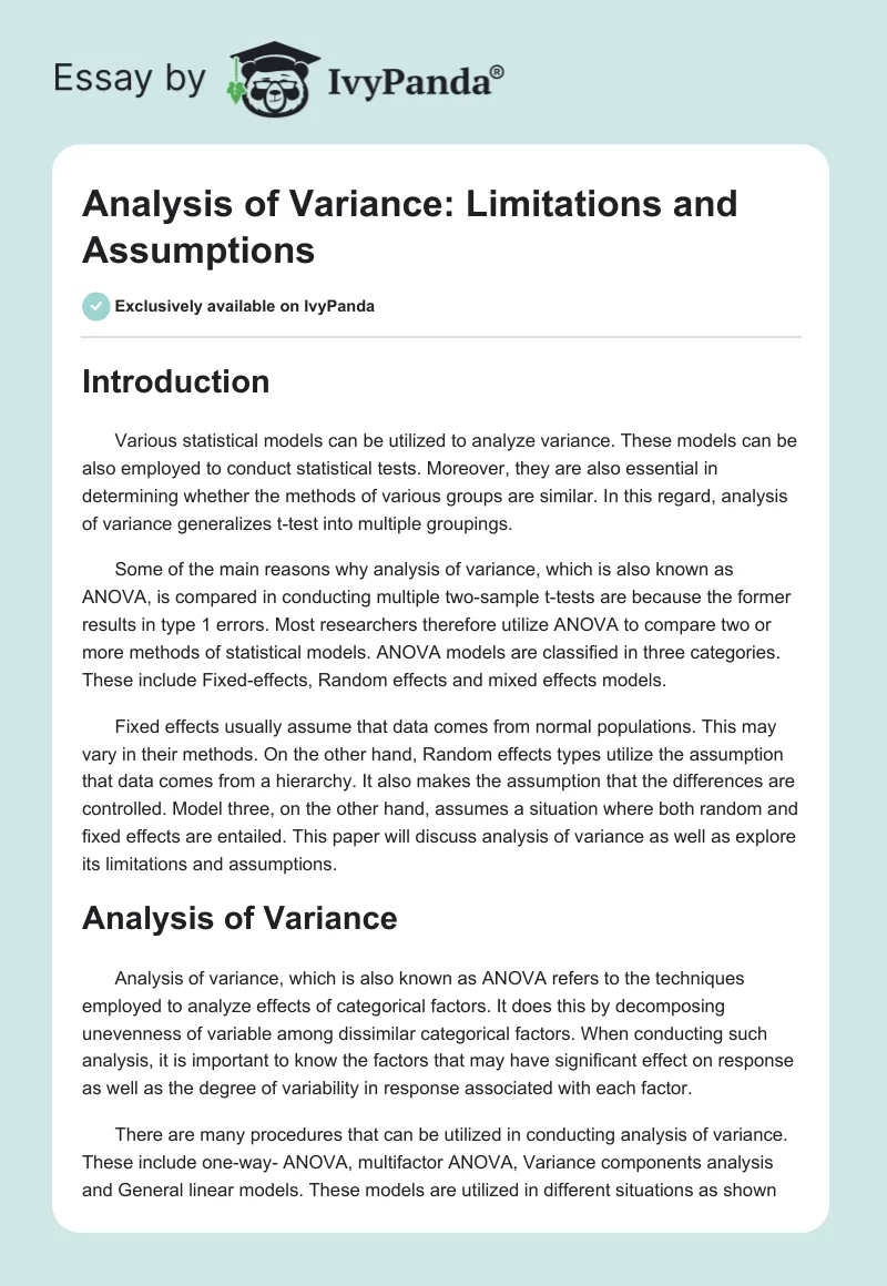 Analysis of Variance: Limitations and Assumptions. Page 1