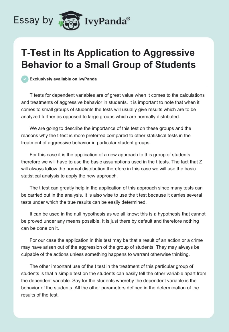 T-Test in Its Application to Aggressive Behavior to a Small Group of Students. Page 1