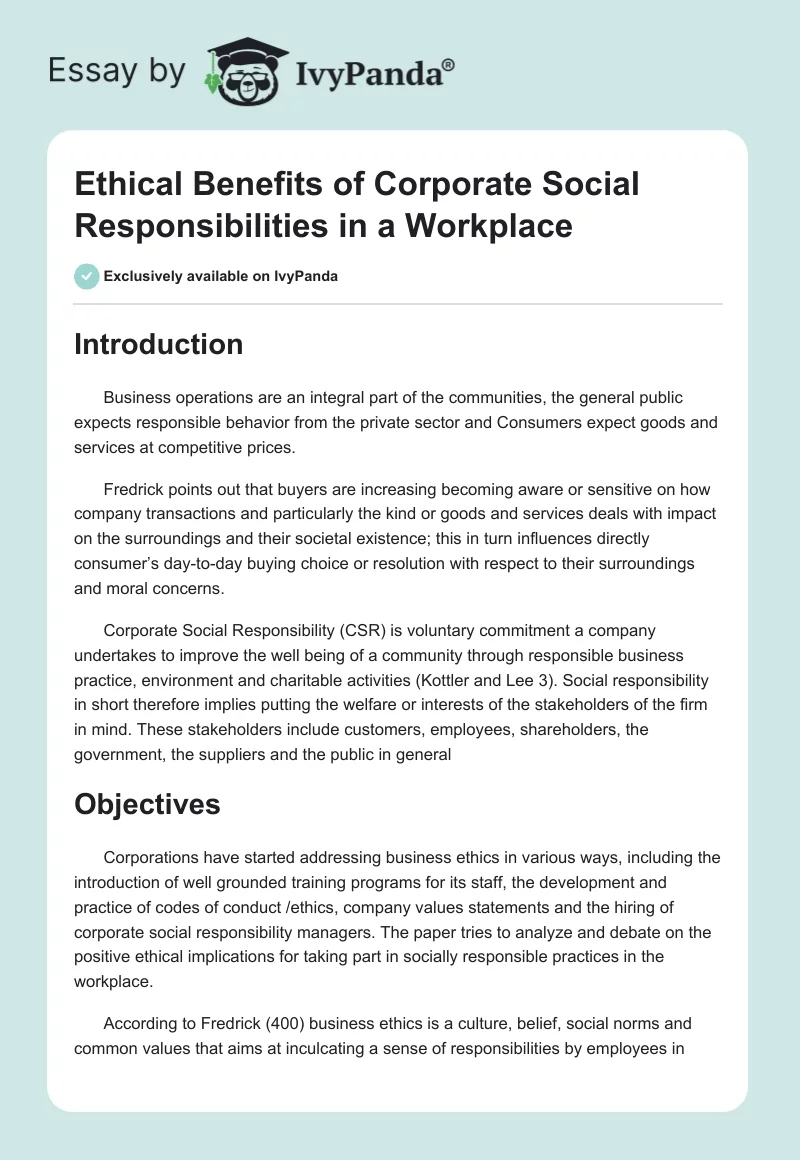 Ethical Benefits of Corporate Social Responsibilities in a Workplace. Page 1