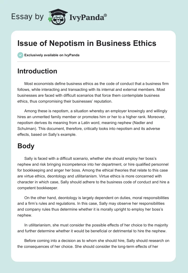 Issue of Nepotism in Business Ethics. Page 1