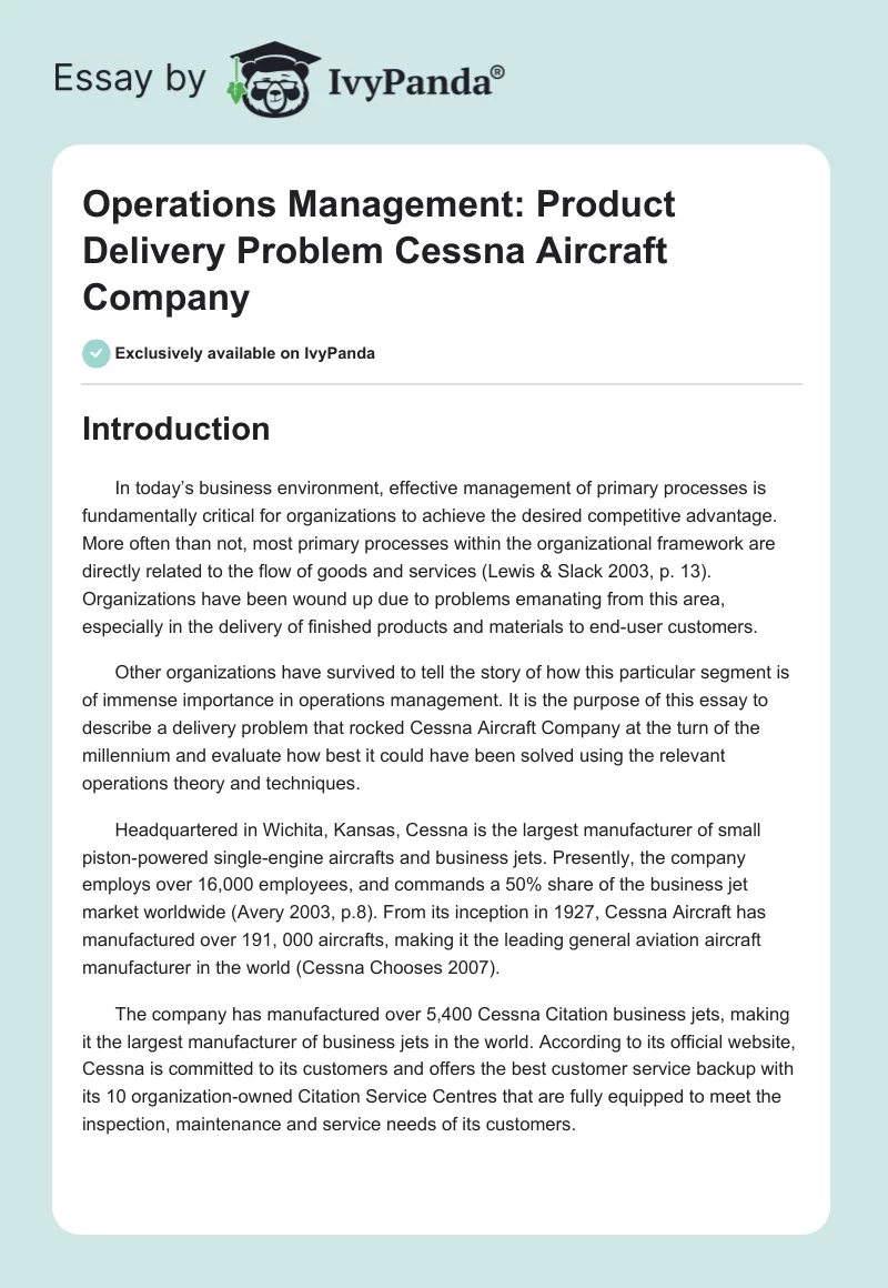 Operations Management: Product Delivery Problem Cessna Aircraft Company. Page 1