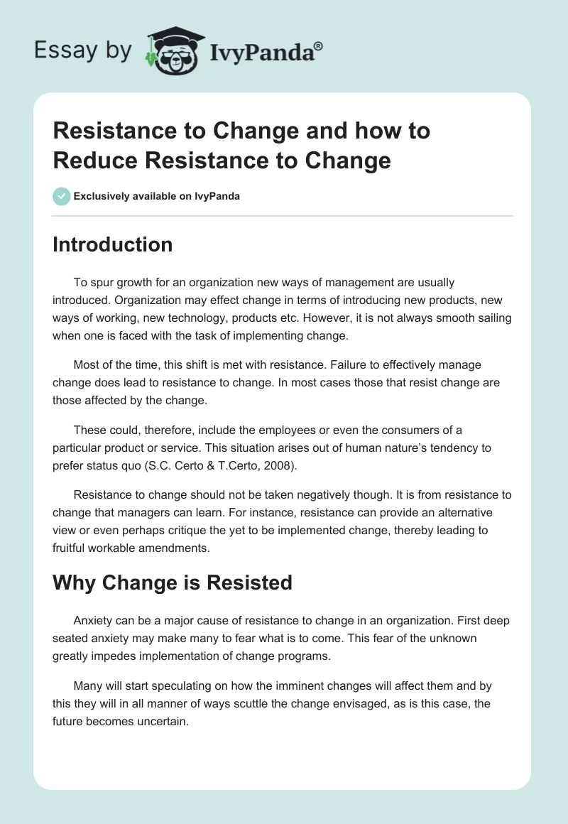 Resistance to Change and how to Reduce Resistance to Change. Page 1