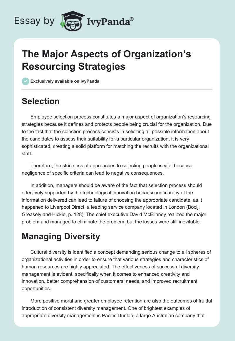 The Major Aspects of Organization’s Resourcing Strategies. Page 1