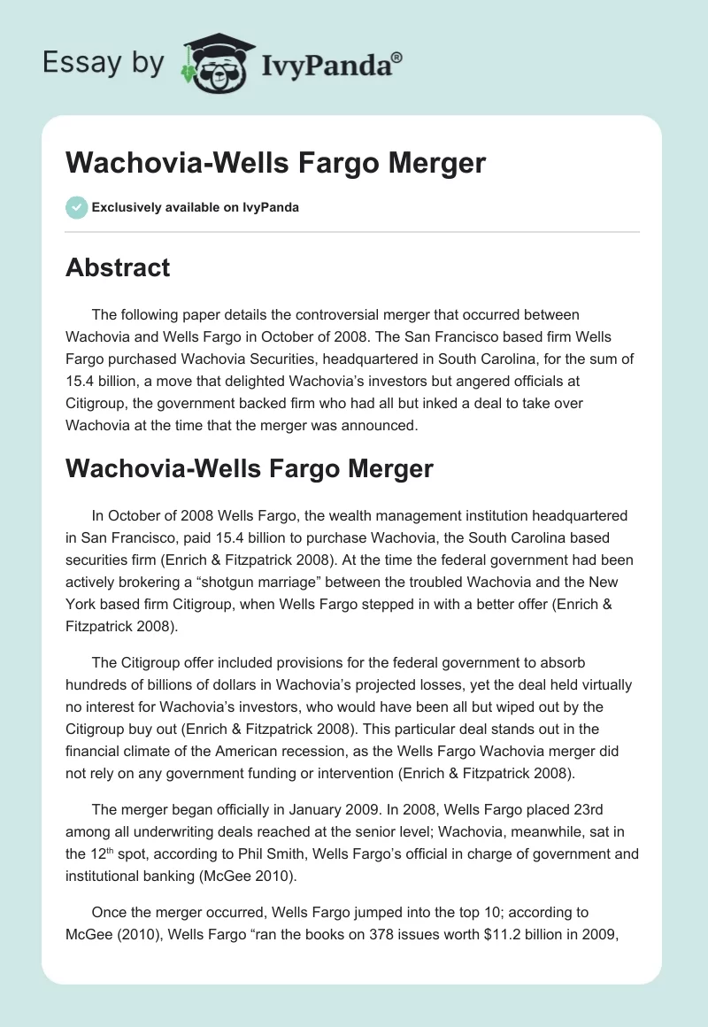 Wachovia-Wells Fargo Merger. Page 1