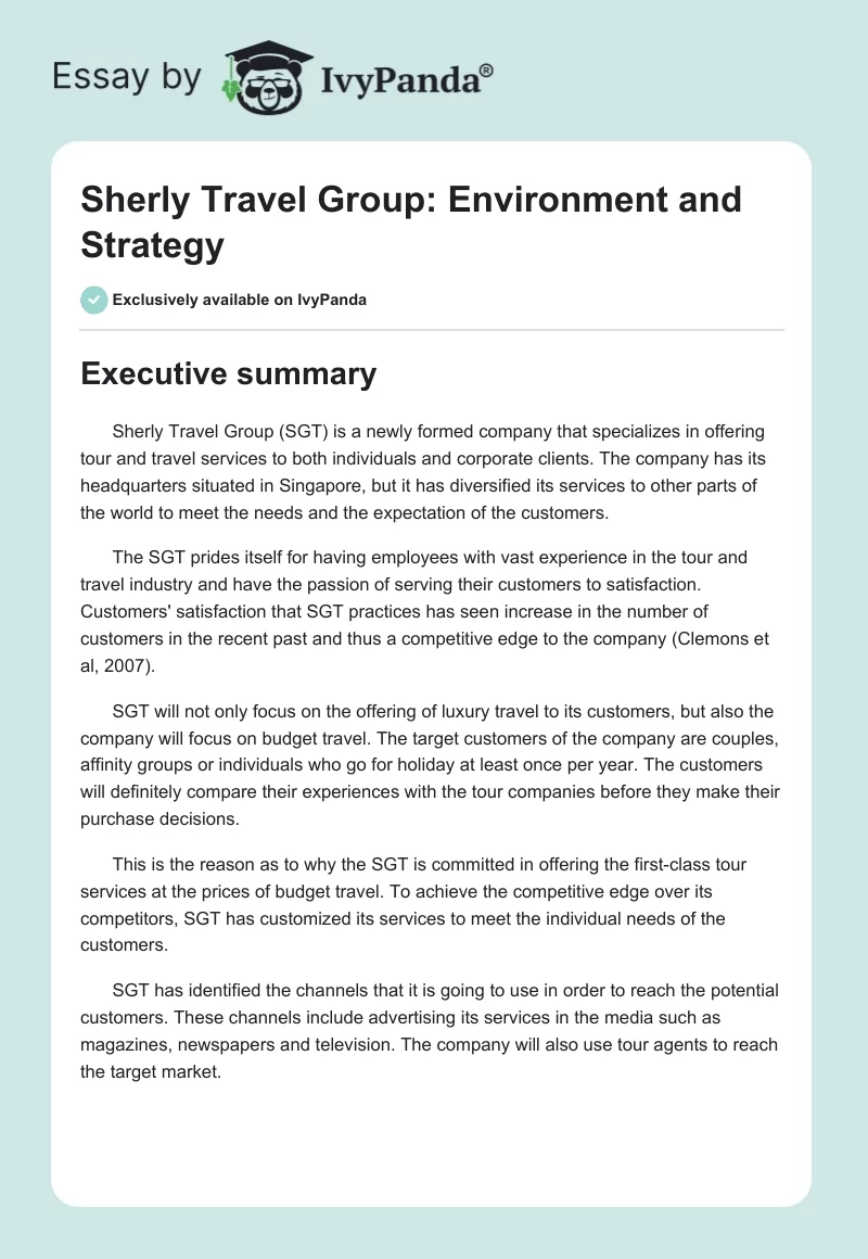 Sherly Travel Group: Environment and Strategy. Page 1