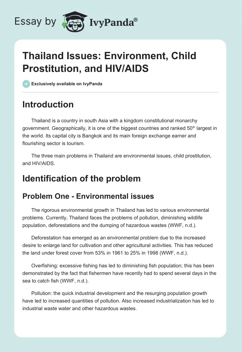 Thailand Issues: Environment, Child Prostitution, and HIV/AIDS. Page 1