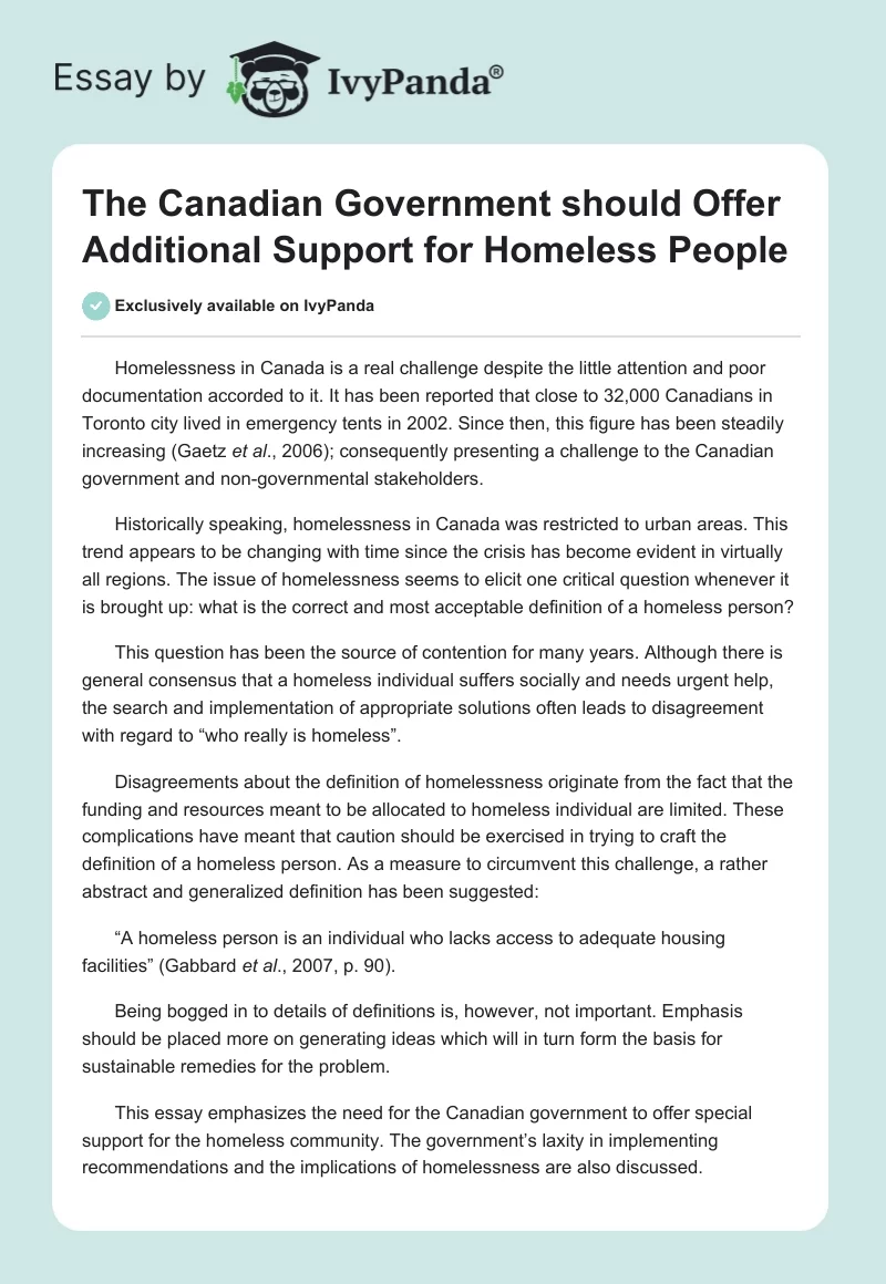 The Canadian Government should Offer Additional Support for Homeless People. Page 1