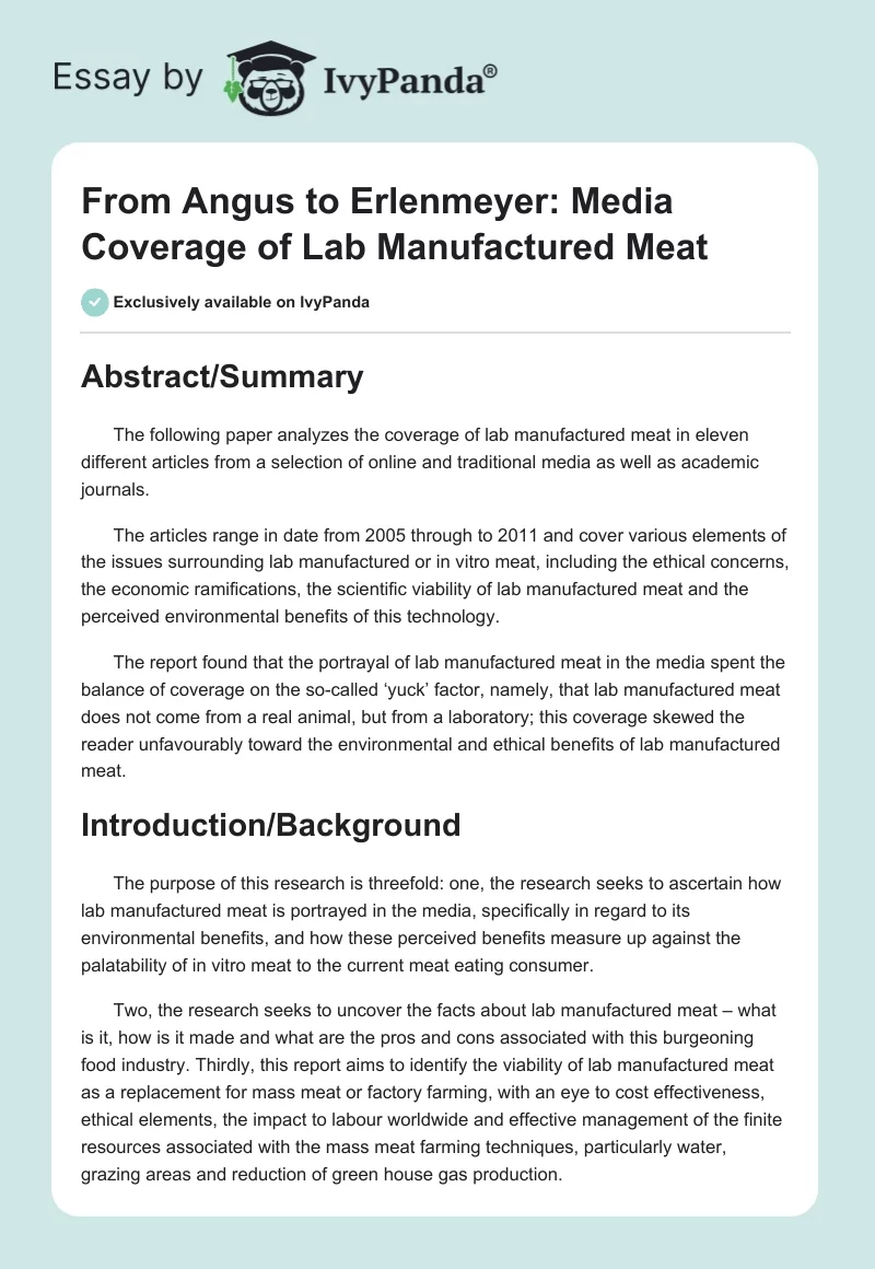 From Angus to Erlenmeyer: Media Coverage of Lab Manufactured Meat. Page 1