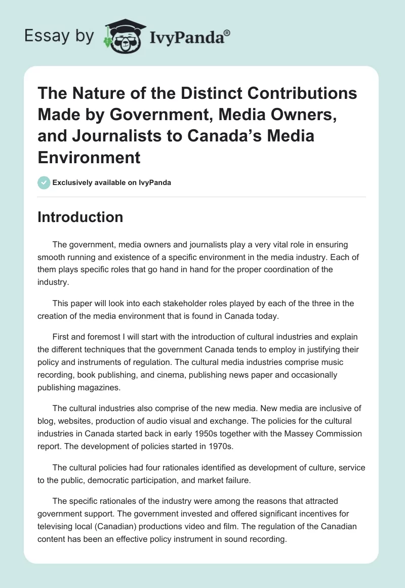 The Nature of the Distinct Contributions Made by Government, Media Owners, and Journalists to Canada’s Media Environment. Page 1